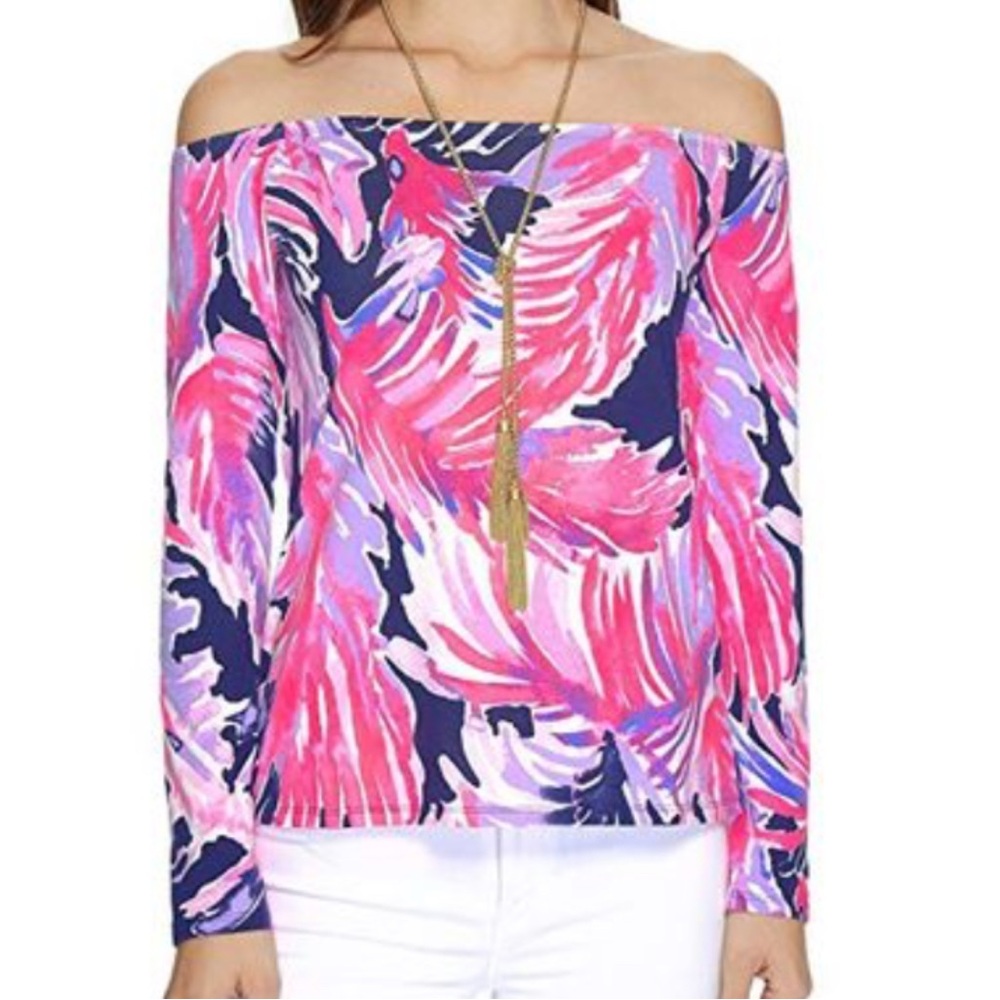 Lilly Pulitzer Pink and Purple Aurelia Off the Shoulder Top Excellent BRIGHT! - Picture 6 of 6
